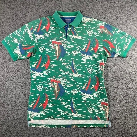 Pendleton Other - Pendleton Mens Large Green Sailboat Nautical Print Cotton Pique Polo Shirt L